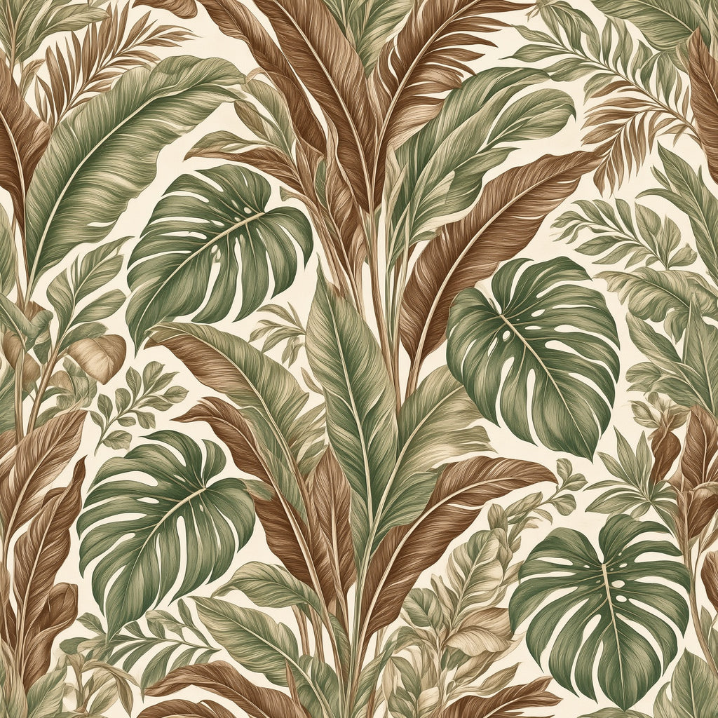 Oversized Monstera & Banana Leaf Peel and Stick Wallpaper | Sage Green & Brown Tropical Boho