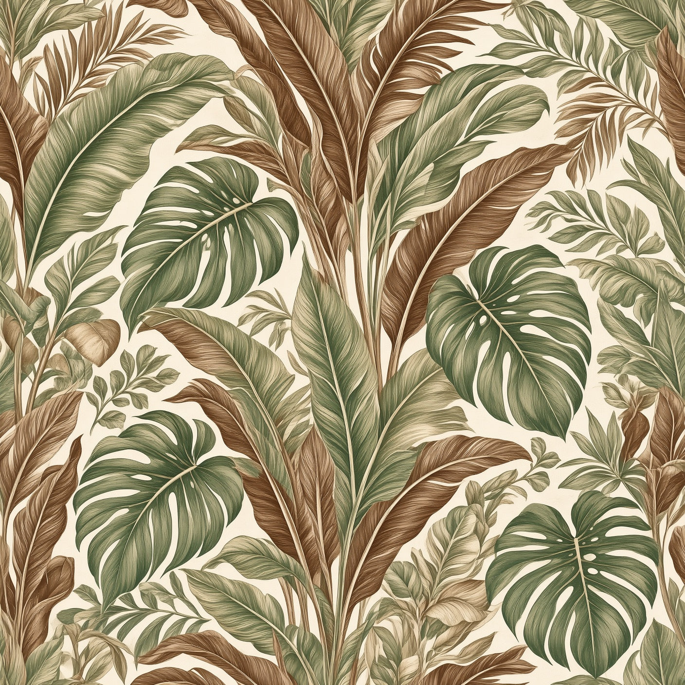 Oversized Monstera & Banana Leaf Peel and Stick Wallpaper | Sage Green & Brown Tropical Boho
