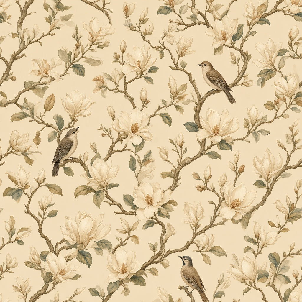 Magnolia Birds Botanical Peel and Stick Wallpaper – Classic Nature & Serene Japandi Decor