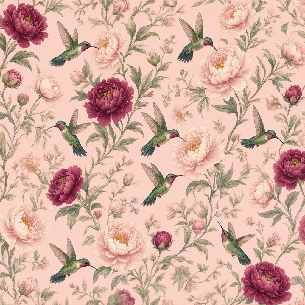 Blush Hummingbird & Peony Peel and Stick Wallpaper – Romantic Floral & Cottagecore Decor