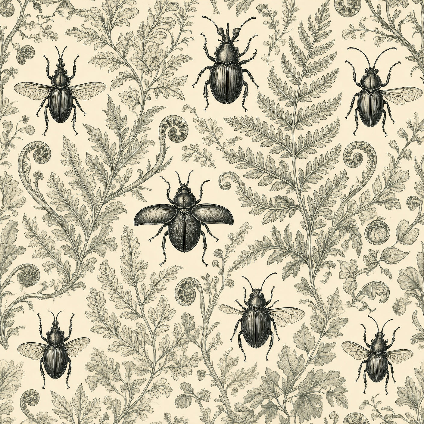 Victorian Beetle Botanical Peel and Stick Wallpaper – Maximalist Heritage & Dark Academia Decor