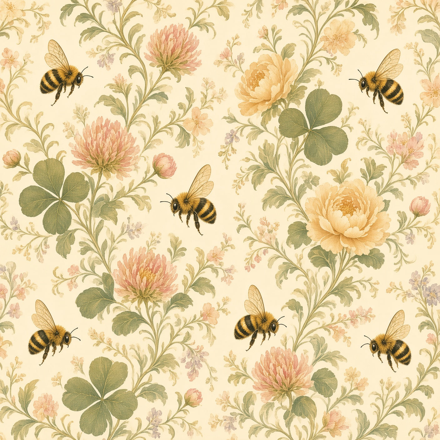 Honey Bee Botanical Peel and Stick Wallpaper – Soft Watercolour Floral & Warm Cottage Decor