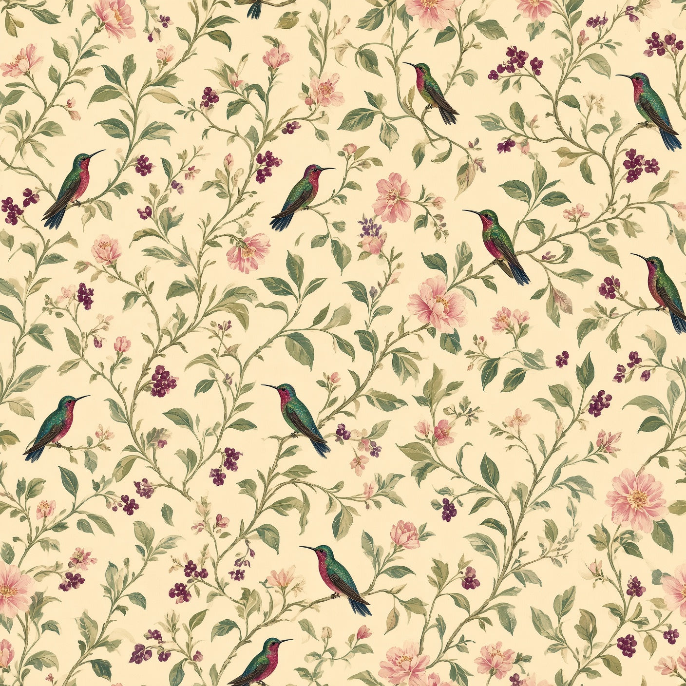 Garden Birds & Roses Peel and Stick Wallpaper – Romantic Botanical & Cottagecore Decor