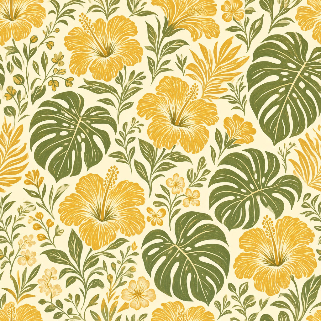 Golden Hibiscus and Monstera Peel and Stick Wallpaper