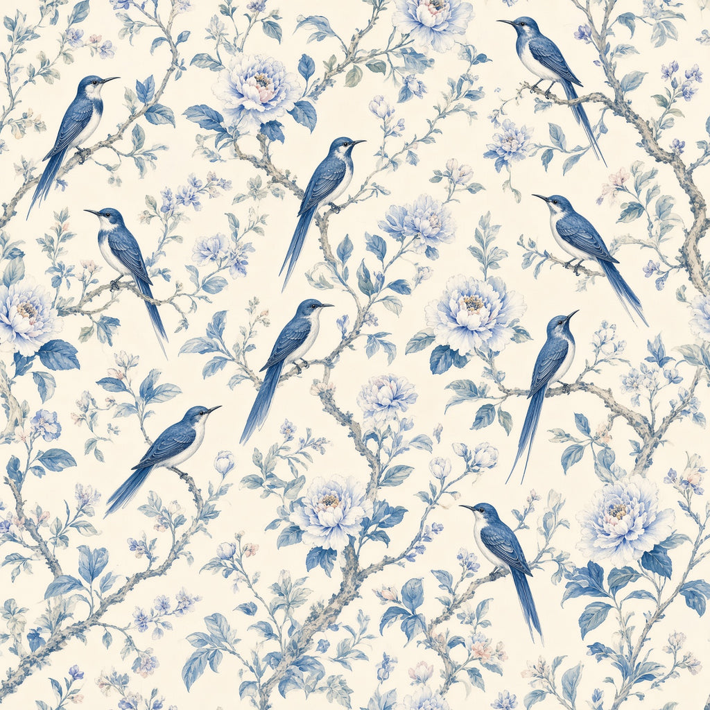 Indigo Birds & Botanical Peel and Stick Wallpaper – Moody Nature & Sophisticated Heritage Decor