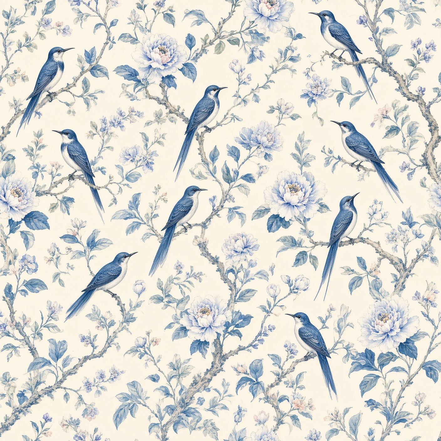Indigo Birds & Botanical Peel and Stick Wallpaper – Moody Nature & Sophisticated Heritage Decor